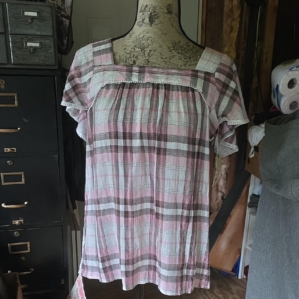 Plaid Pink and White Women's Top